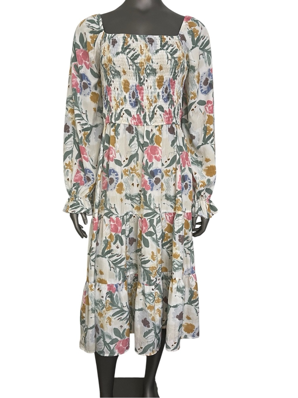 Simplee Plus Dress 3XL Smocked Midi Tiered Skirt Multi Floral Square Neck Bishop